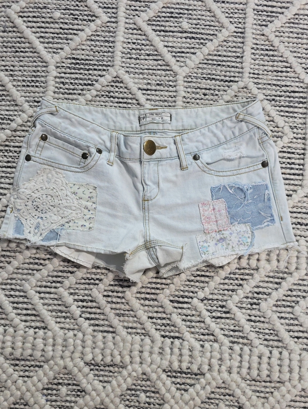 Free People Light Blue Patchwork Lace Denim Shorts